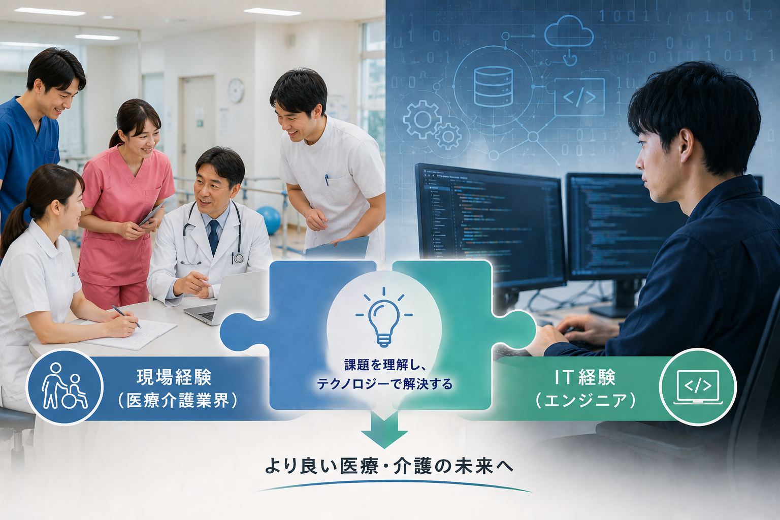 現場経験とIT経験を組み合わせ、医療介護の課題をテクノロジーで解決するイメージ